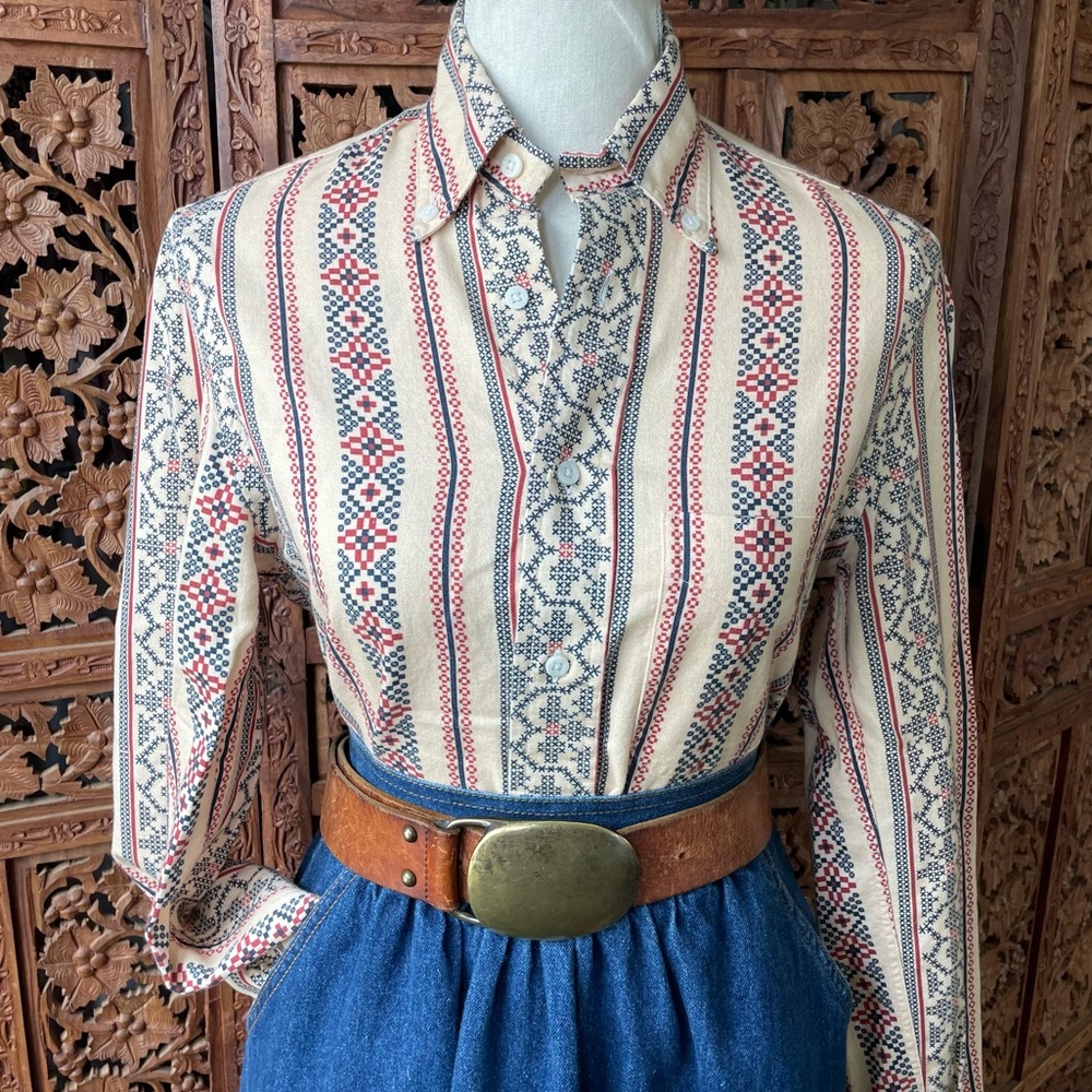 Gitman Bros Vintage Cream Button-Up Shirt with western cross stitch print - Picture 3 of 16